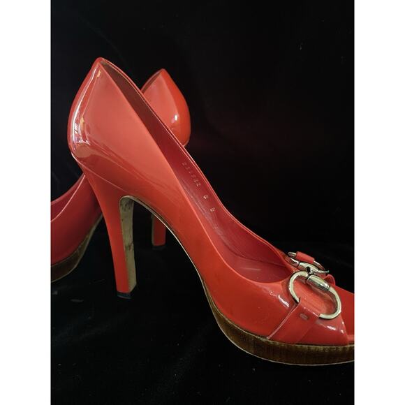 Vintage Gucci Horsebit Peep Toe Pumps Red Patent Size US 8 READ - Picture 4 of 12